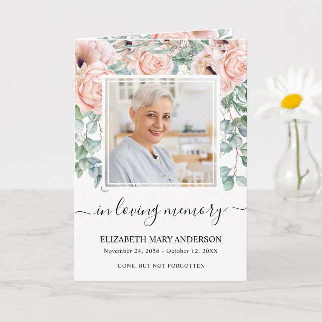 Rosa blomster minnesgudstjänst funeralprogram kort (Liten växt)