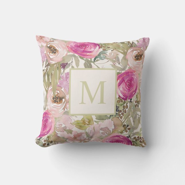 Rosa blomster monogram initial i vattenfärg   kudde (Framsida)