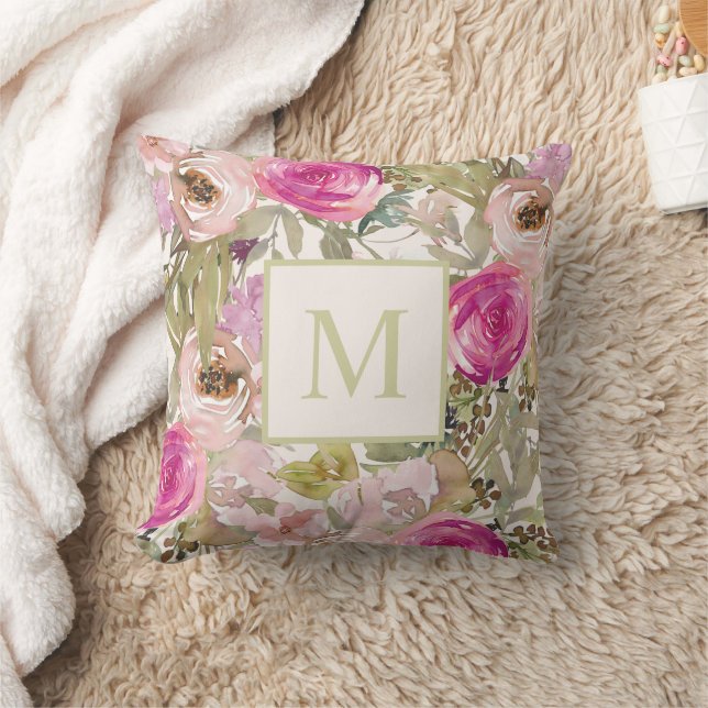Rosa blomster monogram initial i vattenfärg  kudde (Filt)
