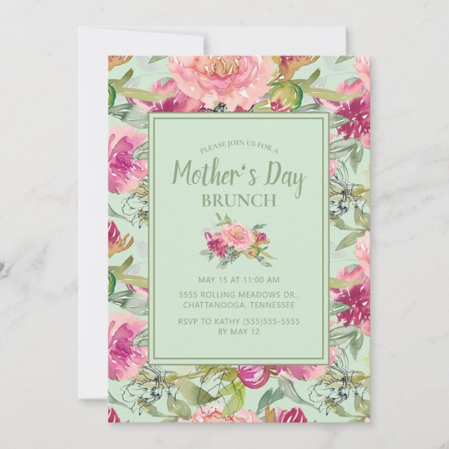 Rosa blomster neo mintgrön mormorsdagsbrunch inbjudningar (Framsida)