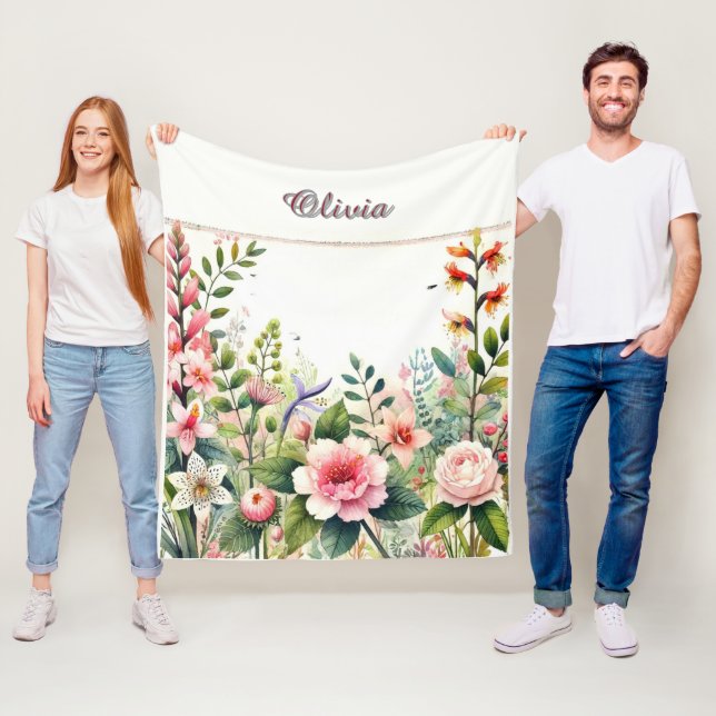 Rosa blomster och grönska Personlig  Fleecefilt (På plats)