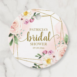 Rosa blomster- och guldgeometrisk bröllopsfest gåvor etiketter