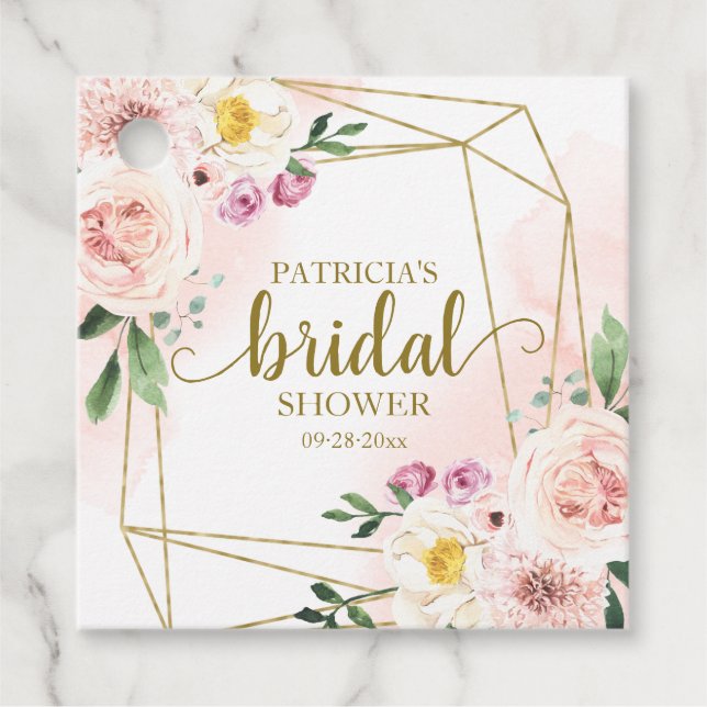 Rosa blomster- och guldgeometrisk bröllopsfest gåvor etiketter (Framsida)