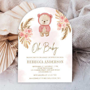 Rosa blomster Pampas Teddybjörn Båge Bebisens dag Inbjudningar