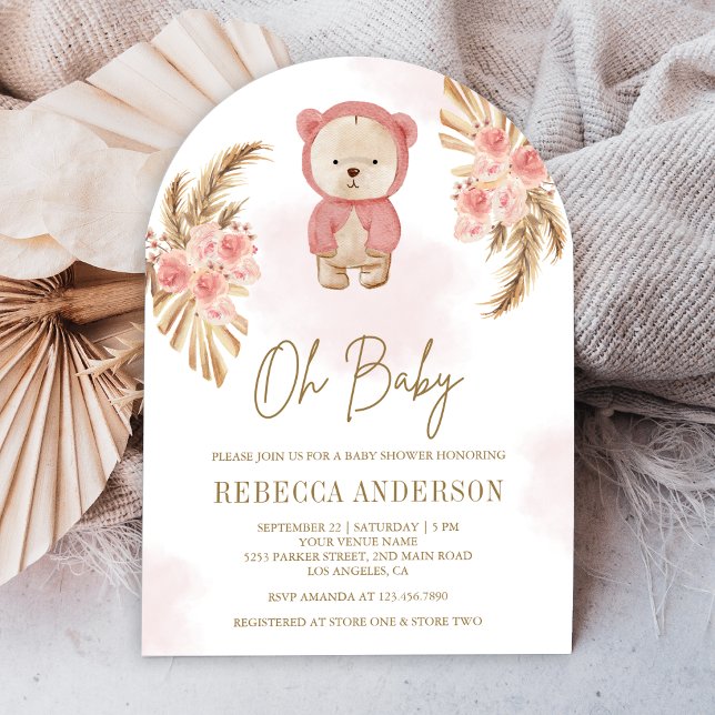 Rosa blomster Pampas Teddybjörn Båge Bebisens dag Inbjudningar (Skapare uppladdad)