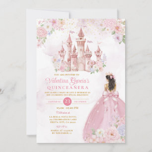 Rosa blomster prinsessa kunglig slott Quinceañera Inbjudningar