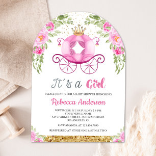Rosa blomster prinsessa vagn Baby Shower Inbjudningar
