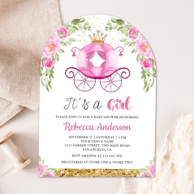 Rosa blomster prinsessa vagn Baby Shower Inbjudningar (Skapare uppladdad)