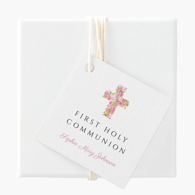 Rosa blomster religiöst kors flicka första kommuni gåvor etiketter (Pink Floral Religious Cross Girl First Communion Favor Tags)