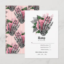 Rosa blomster skelett gotiskt bröllopsinbjudan