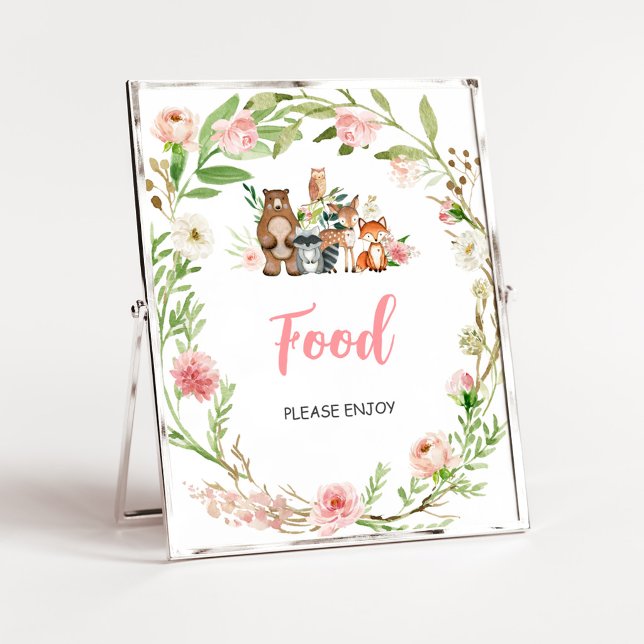 Rosa blomster skogs- babyshow matskylt poster (Girl Woodland Animals Baby Shower Food SIgn)