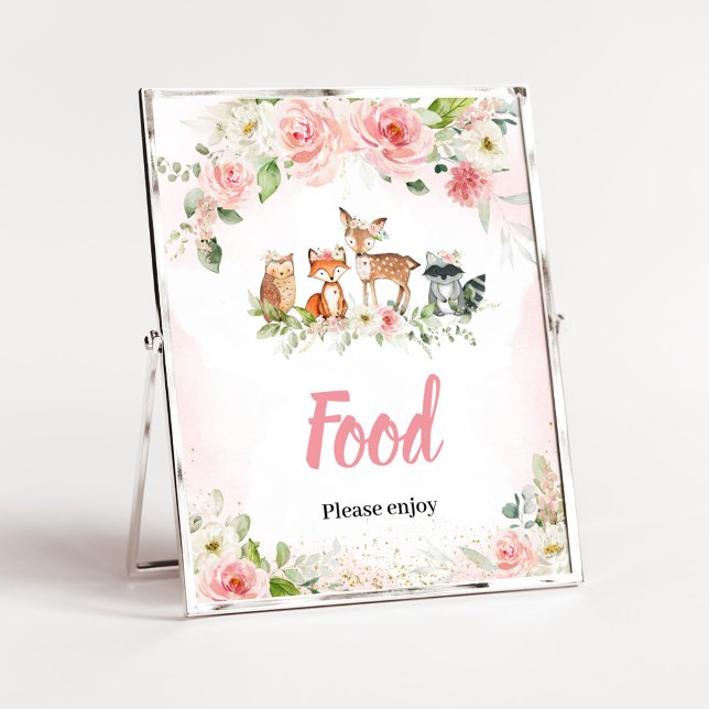 Rosa blomster skogs dusch matskylt poster (Girl Woodland Animals Baby Shower Food Sign)