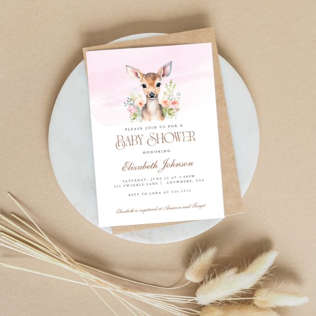 Rosa blomster skogs hjort Baby Shower Inbjudningar (Skapare uppladdad)