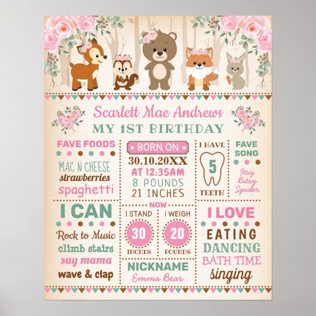 Rosa blomster skogs tema flicka 1-års födelsedags  poster (Framsidan)