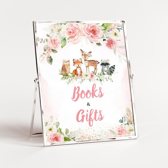 Rosa blomster skogsbadrum Böcker och gåvor skylt (Girl Woodland Animals Baby Shower Books and Gifts Sign)