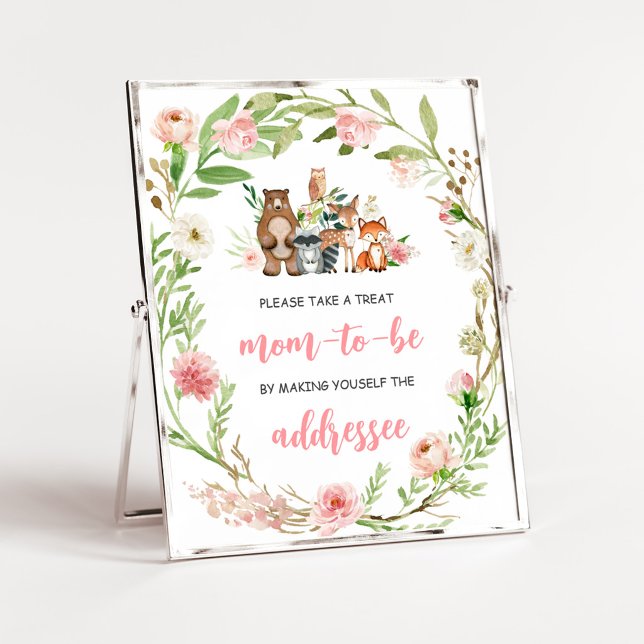 Rosa blomster skogsbadrum kuvert station skylt (Girl Woodland Animals Baby Shower Envelope Station Sign)