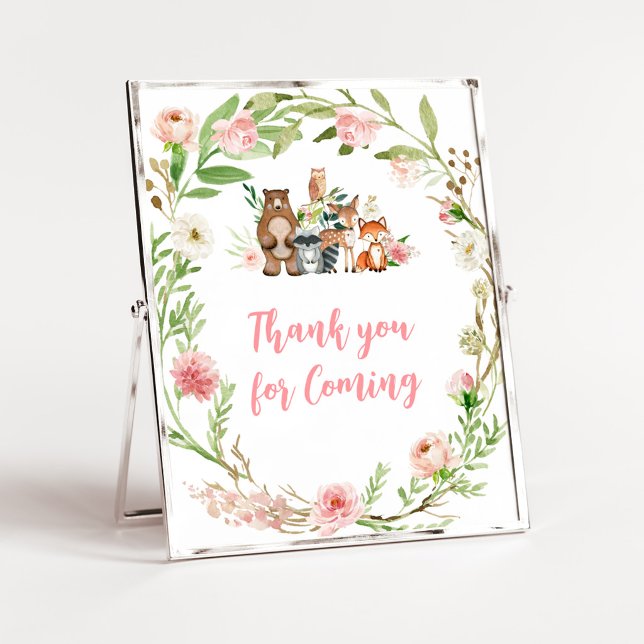 Rosa blomster skogsmark Tack för att du kom Tecken Poster (Girl Woodland Animals Baby Shower Thank you for Coming Sign)
