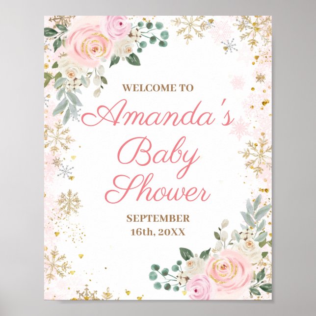 Rosa blomster snöflingor vinter baby shower välkom poster (Framsidan)