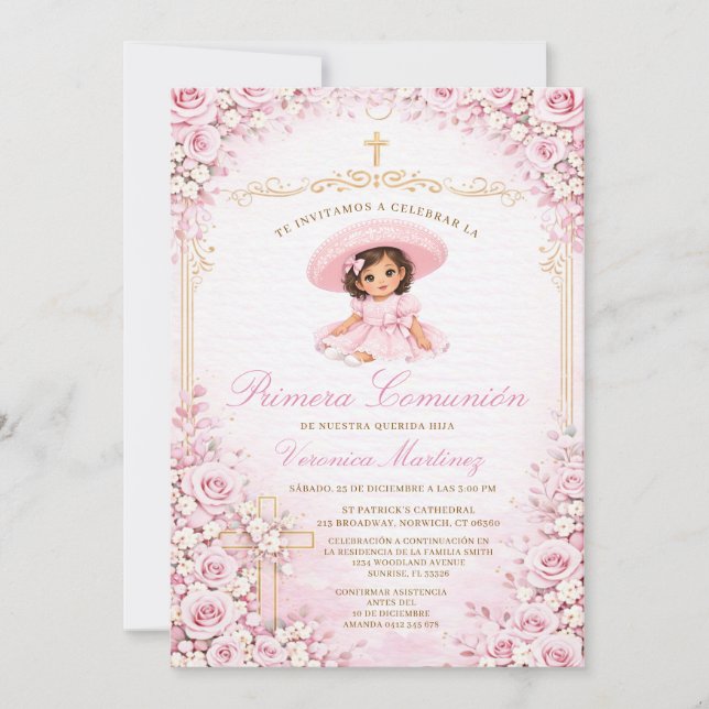 Rosa blomster spansk flicka Primera Comunión-kors Inbjudningar (Framsida)
