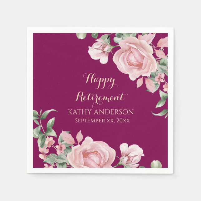 Rosa blomster tema pensionsfest pappersservett (Framsidan)