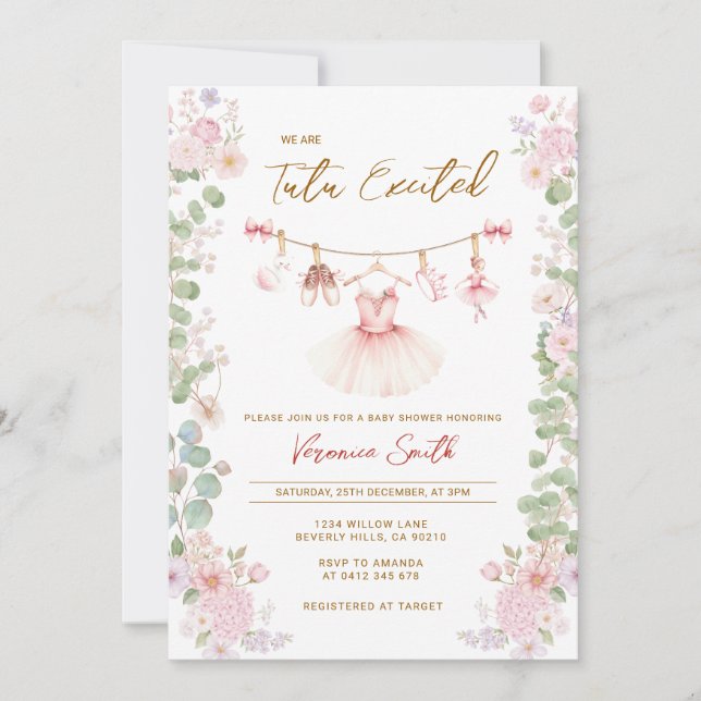 Rosa blomster tutu upphetsam ballerina baby shower inbjudningar (Framsida)