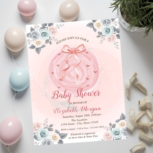 Rosa blomster vattenfärg baby shower  inbjudningar (Skapare uppladdad)