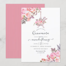Rosa blomster vattenfärg Paris Quinceañera