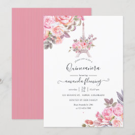 Rosa blomster vattenfärg Paris Quinceañera Inbjudningar