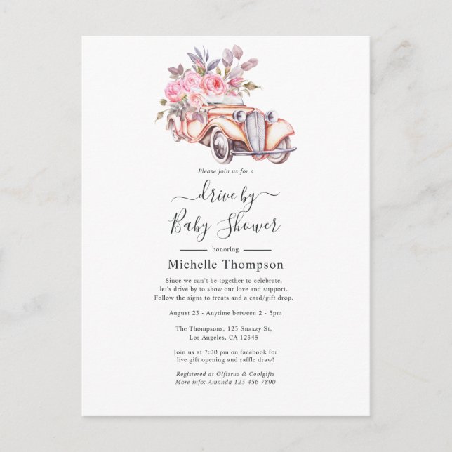 Rosa blomster vattenfärg Paris tema Drive By Showe Vykort (Framsida)