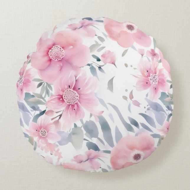 Rosa blomster vattenfärg  rund kudde (Framsidan)