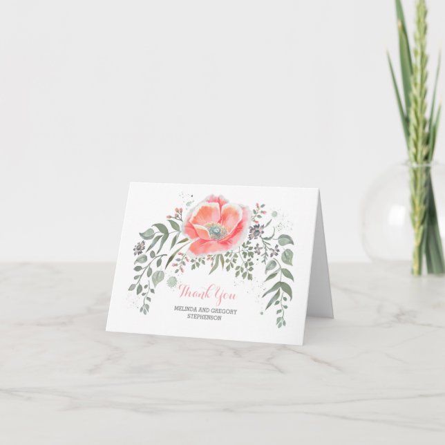 Rosa blomster vintage bröllop tackkort (Framsida)