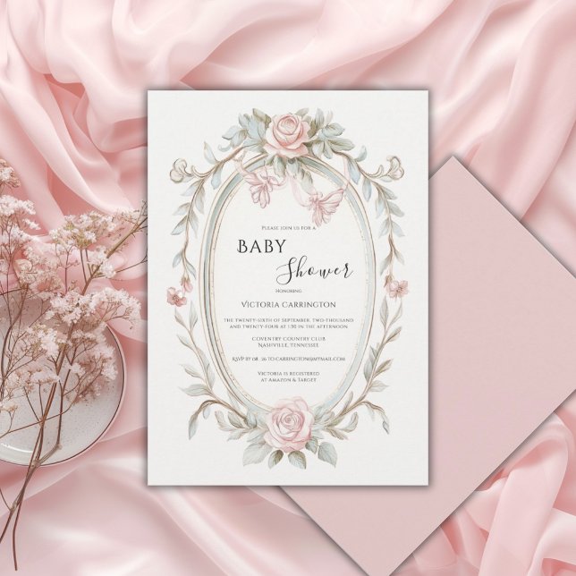 Rosa blomster vintage fantastisk baby shower inbjudningar (Skapare uppladdad)