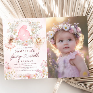 Rosa blomsterälvaträdgård 6-års födelsedagsfoto inbjudningar