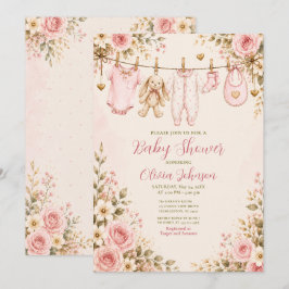 Rosa blomsterbaby shower klädstreck Baby shower Inbjudningar