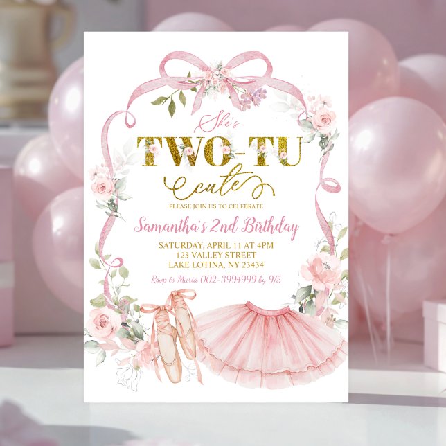 Rosa blomsterbåge Coquette balett Tutu 2-årsdag Inbjudningar (Skapare uppladdad)
