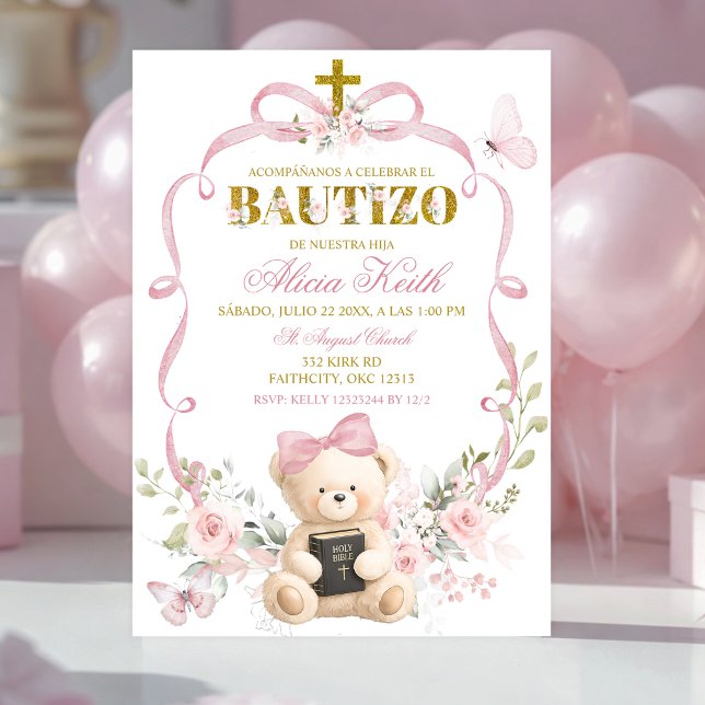 Rosa blomsterbåge Coquette Bear Bautizo-inbjudan Inbjudningar (Skapare uppladdad)