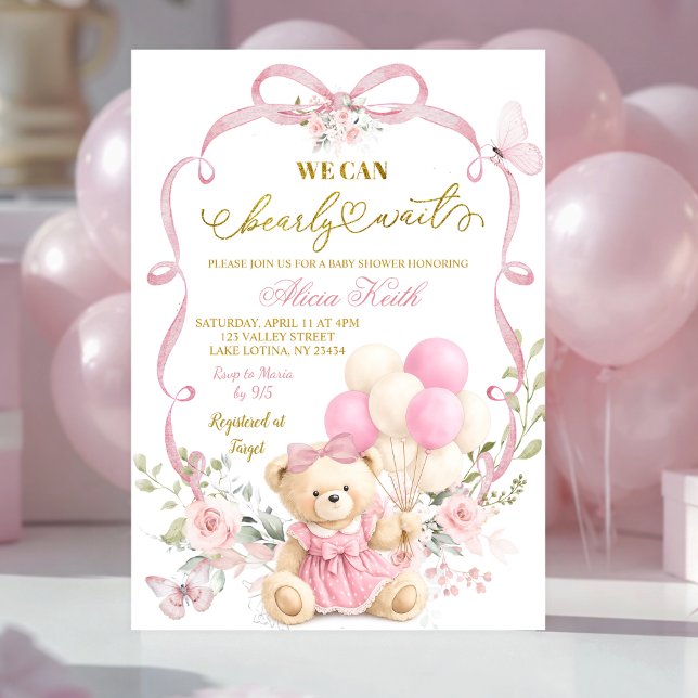 Rosa blomsterbåge Coquette Bearly Wait Baby Shower Inbjudningar (Skapare uppladdad)