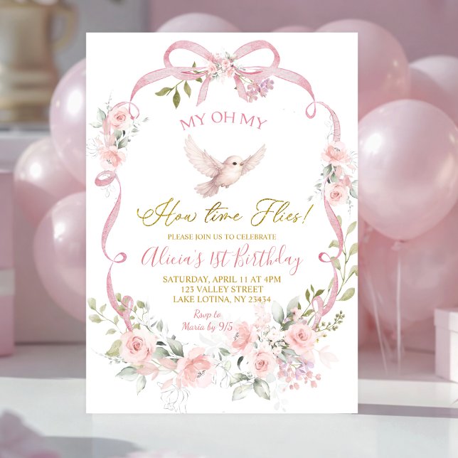 Rosa blomsterbåge Coquette Fågel 1-års födelsedag Inbjudningar (Skapare uppladdad)