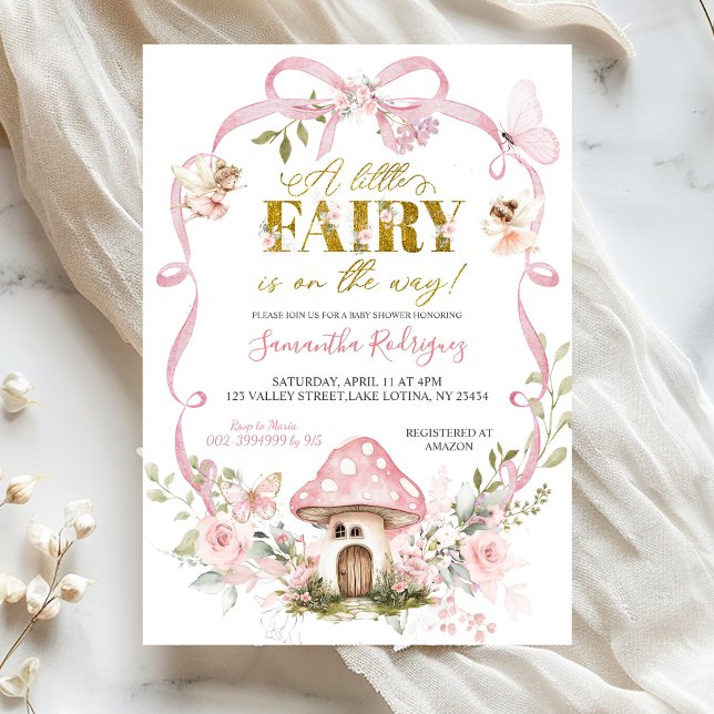 Rosa blomsterbåge coquette-fe Baby Shower Inbjudningar (Skapare uppladdad)