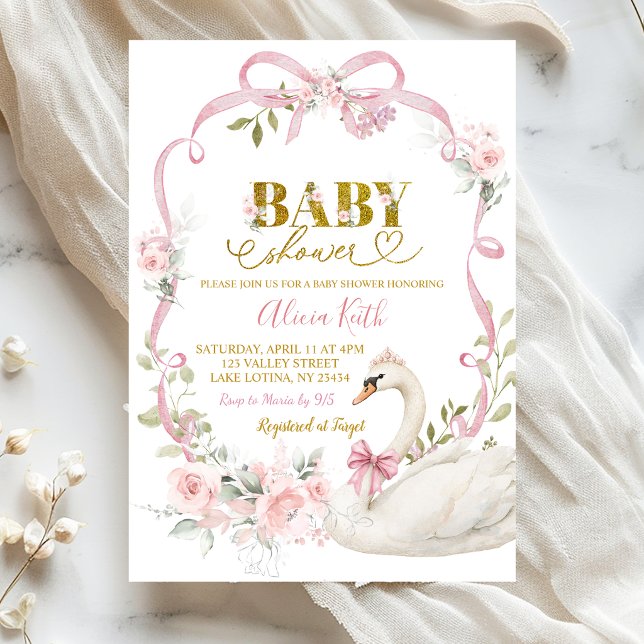 Rosa blomsterbåge Coquette kronad svan baby shower Inbjudningar (Skapare uppladdad)