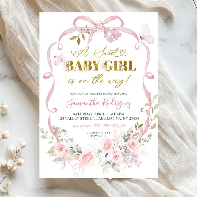 Rosa blomsterbåge Coquette söt babyflicka babyfira Inbjudningar (Skapare uppladdad)
