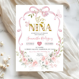Rosa blomsterbåge Coquette söt Es Nina baby shower Inbjudningar
