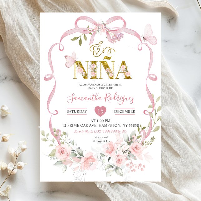 Rosa blomsterbåge Coquette söt Es Nina baby shower Inbjudningar (Skapare uppladdad)