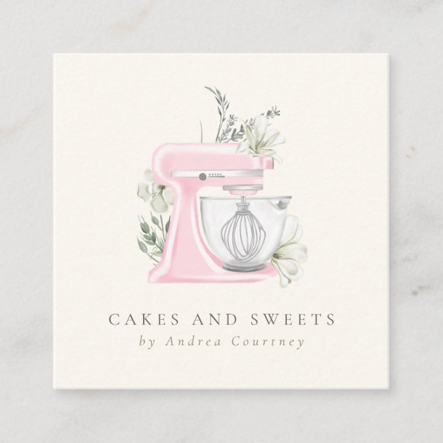 Rosa blomsterbakery bagerivattenfärg mixerkaka fyrkantigt visitkort (Framsida)