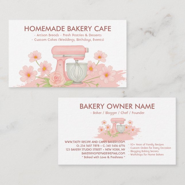 Rosa blomsterbakery konditori visitkort (Fram/baksida)