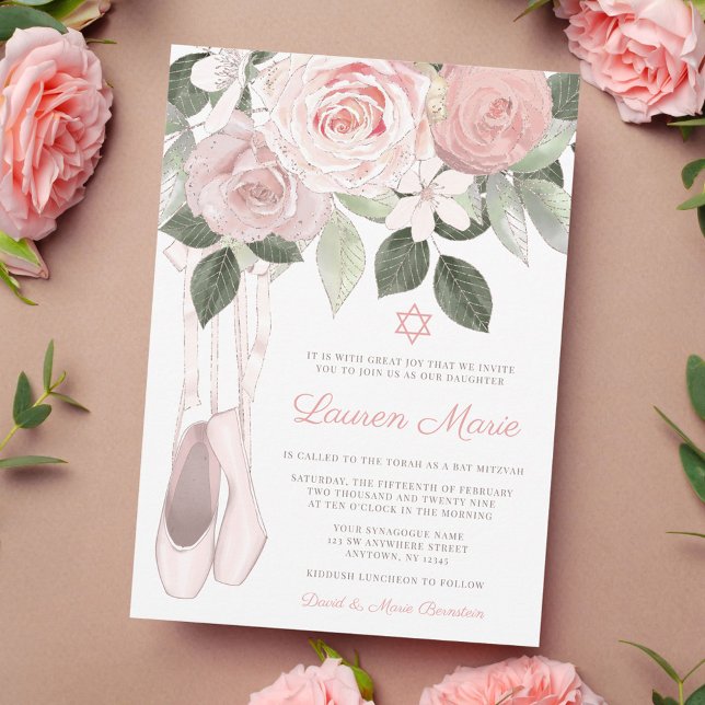 Rosa blomsterbalett Bat Mitzvah Inbjudningar (Skapare uppladdad)
