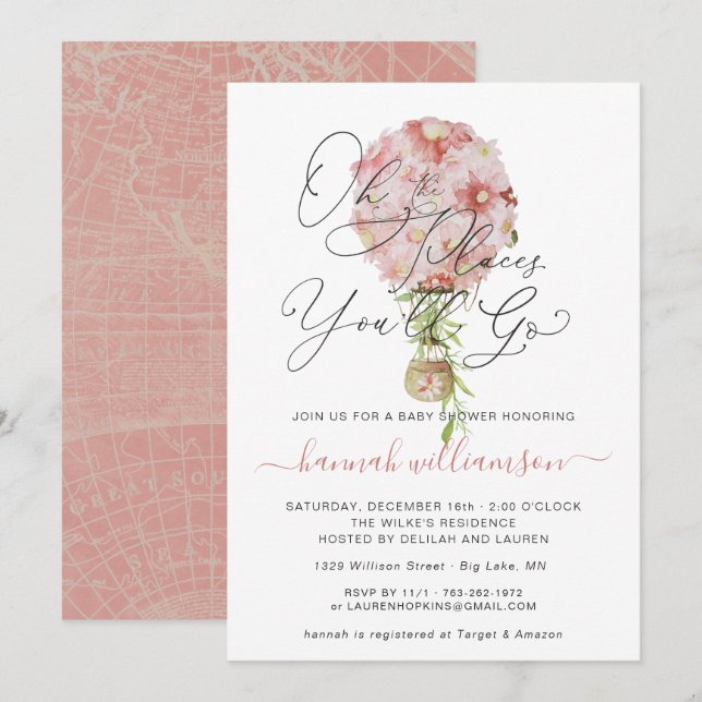 Rosa blomsterballong Baby Shower Inbjudningar (Fram/baksida)