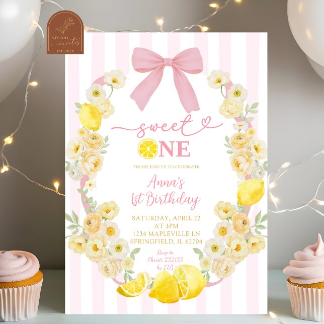 Rosa blomsterband Lemon Sweet One 1-års födelsedag Inbjudningar (Skapare uppladdad)