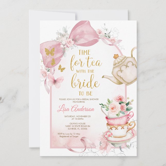 Rosa blomsterband Rosafärgad Tea Party Bröllopsdus Inbjudningar (Framsida)