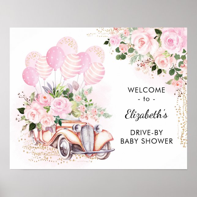 Rosa blomsterbil Drive By Baby Shower Välkommen Poster (Framsidan)